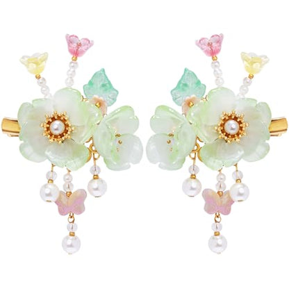 A Pair Wedding Hair Clips, Handmade Floral Design Crystal Hair Clips Pearl Barrettes, Rhinestones Flower Clips Pearl Headpieces Hair Pins Hair Accessories for Women Girls (Light Green) - color: Light Green