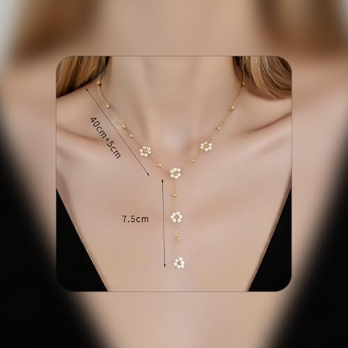 Lariat Gold Necklace for Women, Dainty Long Necklace Y-Shaped Layered Beaded Chain Drop 14k Gold Plated/Silver Necklaces Trendy CZ Diomand Simple Jewelry for Women Gift - color: Gold-Daisy