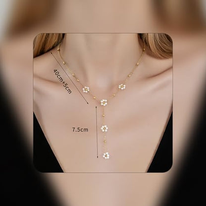 Lariat Gold Necklace for Women, Dainty Long Necklace Y-Shaped Layered Beaded Chain Drop 14k Gold Plated/Silver Necklaces Trendy CZ Diomand Simple Jewelry for Women Gift - color: Gold-Daisy
