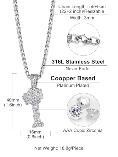 Richsteel Silver Crown Initial A-Z Letter Pendant Necklace for Men Women | Cubic Zirconia Monogram, 316L Steel Chain, 22" + 2" Extender,Hypoallergenic,Gift Box, Hip Hop Jewelry - style: I