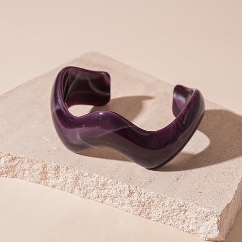 Creative Wave-shaped Opening Cuff Bracelets Statement Colorful Geometric Chunky Bangle Bracelets Acrylic Resin Irregular Wristbands for Beach Vacation Jewelry - color: Dark Purple