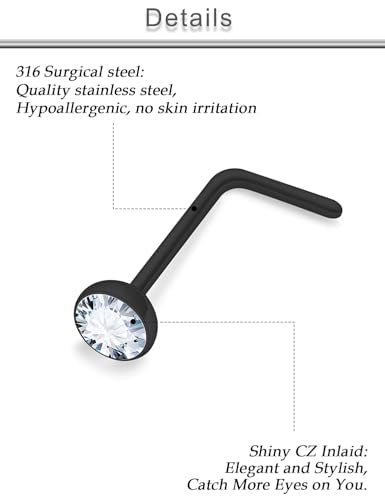 18G 20G 22G 24G Nose Rings Studs 316L Surgical Steel L Shaped Nose Nostril Studs Piercing Jewelry for Women Men Silver Gold Black CZ 1.5mm 2mm 2.5mm 3mm 3.5mm 4mm - style: Black-18G(1.0mm)-7mm Bars-1.5mm 2mm 2.5mm 3mmCZ