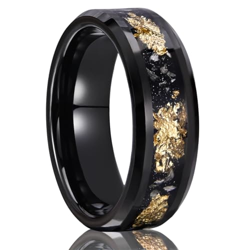 Black Tungsten Rings for Men Women 8mm/6mm Mens Wedding band | Inlaid with Gold Foil Meteorite Fragments High Polished and Comfortable Fit Suitable for Anniversary and Parties - color: 8mm black