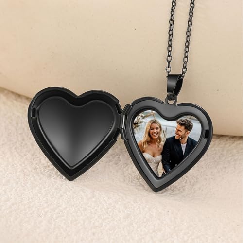 PHOCKSIN Personalized Locket Necklace for Women Photo Necklace with Customized Picture Birth Flower Birthstone Customizable Birthday Gifts - color: #05-Heart Black