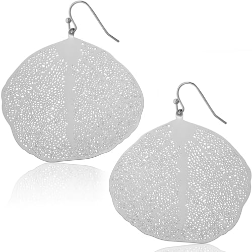 Leaf Earrings for Women - Gold or Silver Tone Filigree Dangle Earrings | Plated in Gold Tone or Silver Tone - color: Round Leaf - Silver
