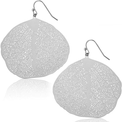 Leaf Earrings for Women - Gold or Silver Tone Filigree Dangle Earrings | Plated in Gold Tone or Silver Tone - color: Round Leaf - Silver