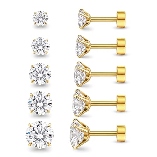 5 Pairs 14K Gold Plated CZ Flat Back Stud Earrings, 3-8mm | 3/4/5/6/8mm CZ flat back studs in 14K gold plated 316L surgical steel for lobe, helix and cartilage. - style: 5Pairs,Gold,Flat Back