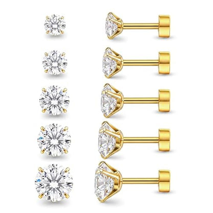 Stainless Steel Stud and Hoop Earrings Sets for Ear Stacks | Choose gold or silver pearl studs, CZ studs, flat backs, butterfly backs, hoops and multi-pair ear stack sets. - color: 5 Pairs Gold-Flat Back