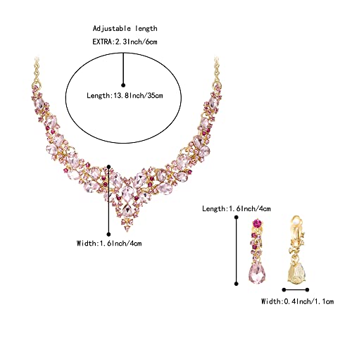 Wedding Statement Necklace Clip-on Earrings Jewelry Set | Sparkling Austrian Crystal Teardrop Cluster for Party Prom Accessories - color: 11-Pink Gold-Tone