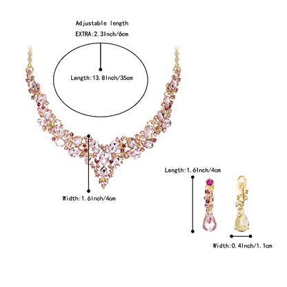 Wedding Statement Necklace Clip-on Earrings Jewelry Set | Sparkling Austrian Crystal Teardrop Cluster for Party Prom Accessories - color: 11-Pink Gold-Tone