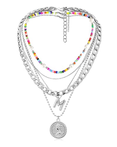 MJartoria Layered Necklaces for Women Trendy Balloon Initial Pendant Necklace Dainty Chunky Chain Beaded Choker Necklaces Jewelry Birthday Gifts - color: Silver, style: M