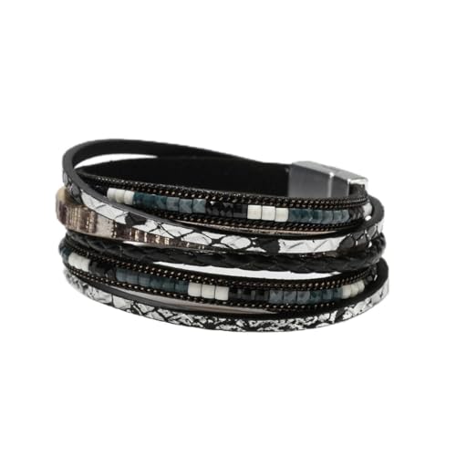 ZMANYIJEW Leather Wrap Bracelets for Women,Boho Cuff Bracelets Multi-Layer Crystal Beads Cuff Bracelet Multilayered Leopard Leather Braided Bangle Wrist Cuff Bangles - style: black