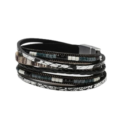 ZMANYIJEW Leather Wrap Bracelets for Women,Boho Cuff Bracelets Multi-Layer Crystal Beads Cuff Bracelet Multilayered Leopard Leather Braided Bangle Wrist Cuff Bangles - style: black
