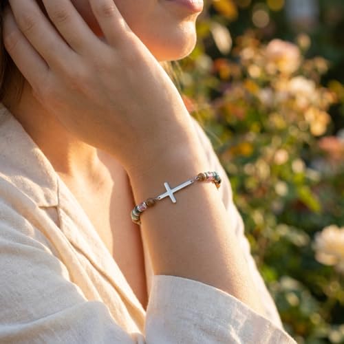 Natural Stone Beaded Bracelet for Women with Wave/Cross Charm - Stainless Steel Adjustable Resilience & Faith Jewelry, Earthy Boho Gift for Her - color: Silver-Cross