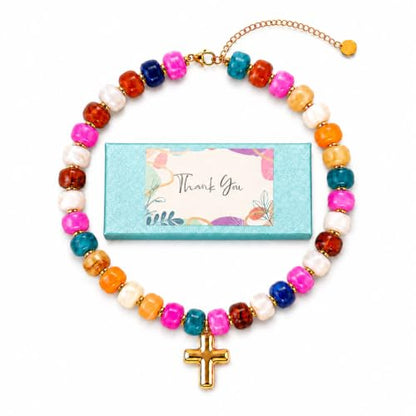 Colorful Resin Chunky Beaded Necklace for Women Modern Statement Choker Necklace with Gold Tone Cross Pendant Boho Summer Jewelry Gift - color: Multicolor-1