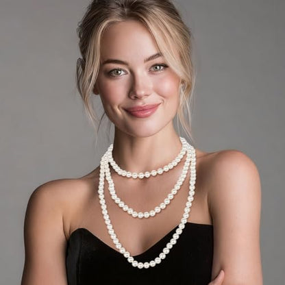Long Pearl Necklaces for Women Faux Pearl Strand Necklace Statement Beaded Necklaces 1920s Gatsby Costume Jewelry - color: Ivory