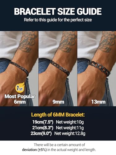 PROSTEEL Bracelets for Men, Figaro/Cuban Mens Bracelet, Silver/Gold/Black | 6/9/13mm Width, 7.5/8.3/9" Length, Stainless Steel Mens Bracelet, Durable & Non Tarnish, Chunky Jewelry with Gift Box - style: E 6mm-Cuban-Black