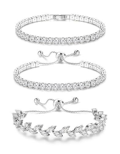 YADOCA 3Pcs Silver Tennis Bracelets For Women Diamond Bracelets Jewelry | Silver Bracelet Stack Cubic Zirconia CZ Adjustable Stackable Bracelets Set For Prom Wedding Gift - style: A:Petals