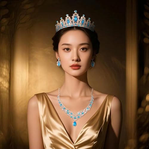Tiaras and Crowns for Women,Tiaras Earrings Necklace, Crystal Bridal Jewelry Set - color: Lake Blue