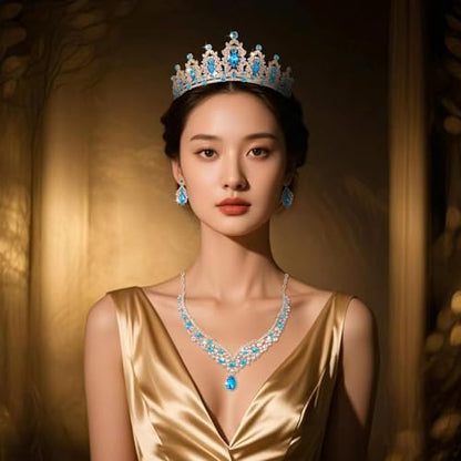Tiaras and Crowns for Women,Tiaras Earrings Necklace, Crystal Bridal Jewelry Set - color: Lake Blue