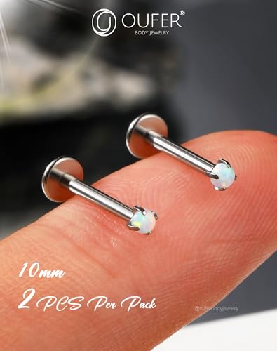 OUFER 2PCS 16G/20G Nose Lip Studs, G23 Solid Titanium Threadless Push in Nose Nostril Lip Labret Medusa Monroe Helix Cartilage Tragus Conch Lobe Piercing Jewelry for Women Men - color: Silver bar, Claw Opal, size: 2pcs, 16g 10mm, 1.5mm Opal