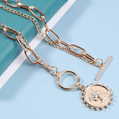 Punk Layered Toggle Necklace Choker Gold Paperclip Chain Necklace Toggle Bar Clasp Necklace Vintage Coin Disc Pendant Necklace Chain Jewelry for Women Gift