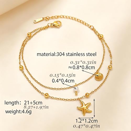 Gold Ankle Bracelets for Women Waterproof Shell Starfish Pearl Anklets Dainty Beach Anklet Adjustable Link Chain Cute Stainless Steel Anklets Summer Beach Jewelry