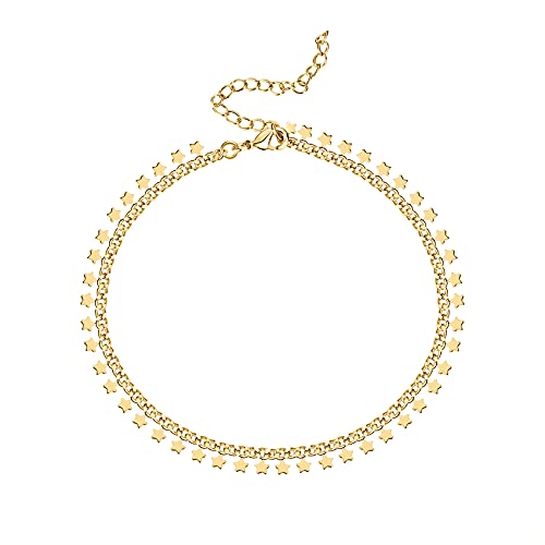 PAVOI 14K Gold Plated Anklet for Women - Trendy Link Chain Ankle Bracelet Summer Jewelry - Boho Dainty Anklets with Cubic Zirconia, Beaded, Evil Eye, Star, Station, Pearls Adjustable Gold Jewelry - style: Star
