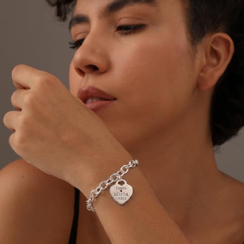 Personalized Name Heart Charm Bracelet for Women | Customized Charm ID Name Bracelet with Custom Birthstone | Customized Jewelry Gift for Her