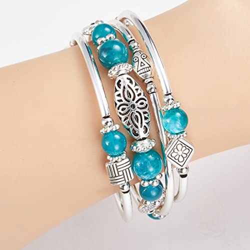 BULINLIN Layered Wrap Bangle Turquoise Bracelet - Bead Bracelet with Natural Agate Stone, Gifts For Women - color: 03-Sea green