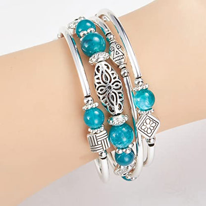 BULINLIN Layered Wrap Bangle Turquoise Bracelet - Bead Bracelet with Natural Agate Stone, Gifts For Women - color: 03-Sea green