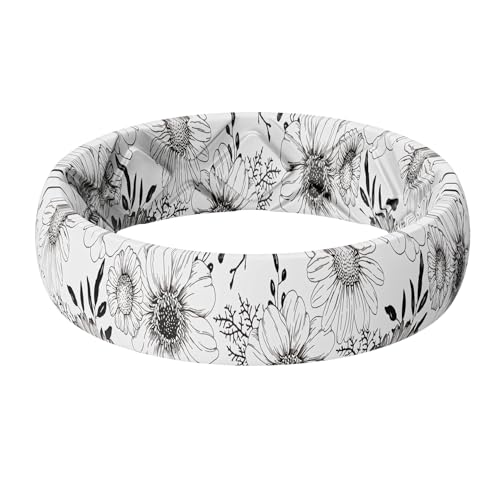 Egnaro Silicone Statement Ring Women, Floral Patterned Rubber Wedding Band | 5.2mm Wide 2mm Thick Printed Style, Inner Arch and Breathable X Grooves for Gym Workout Travel Work Pregnancy Daily Wear - color: SETF-Botanical Ink Blooms