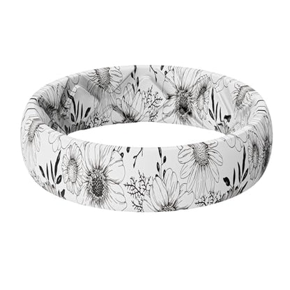 Egnaro Silicone Statement Ring Women, Floral Patterned Rubber Wedding Band | 5.2mm Wide 2mm Thick Printed Style, Inner Arch and Breathable X Grooves for Gym Workout Travel Work Pregnancy Daily Wear
