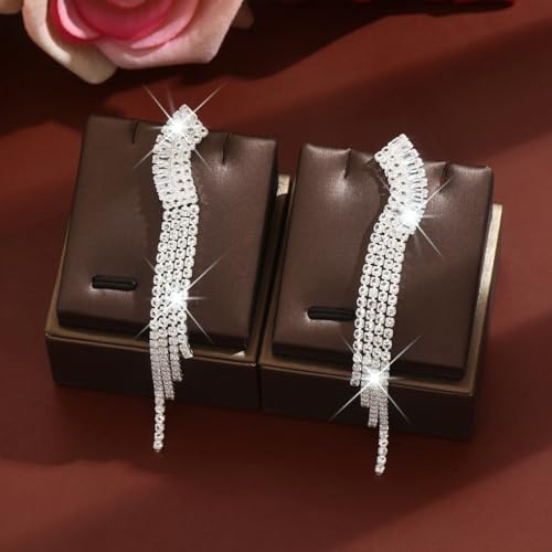 Gold Rhinestone Tassel Dangle Earrings for Women,Long Sparkly Crystal Statement Earring,Trendy Bridal Wedding Prom Jewelry Accessories - color: Silver