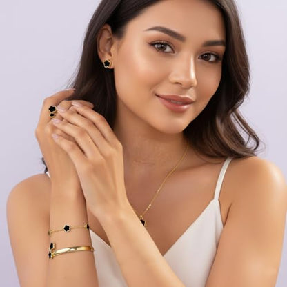 Clover Jewelry Set for Women Non Tarnish Gold-Tone Five Leaf Clover Necklace, Earrings, Ring, Bracelet Fashion Simple Floral Jewelry Set - color: Black