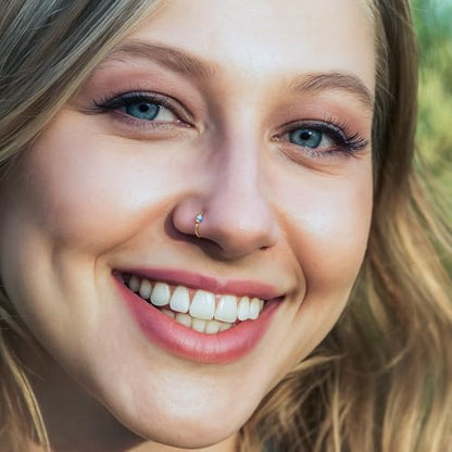925 Sterling Silver & 14K Gold Filled Nose Ring Hoop Handmade Piercing Jewelry For Women - 24 Gauge 2mm,7mm Tiny Nose Ring with Opal - Gift Ready - color: Light Blue Opal Gold