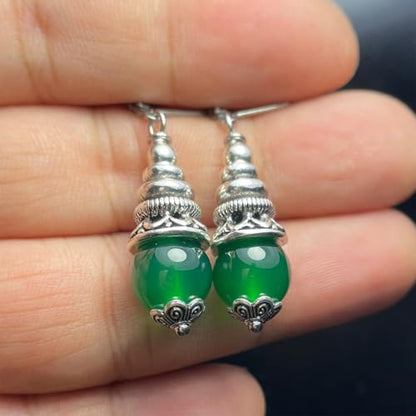 Natural 10mm Stone Beads Drop Earrings,Retro Silver Round Quartz Crystal Gemstone Beads Dangle Earrings for Women - color: A07_Green Agate