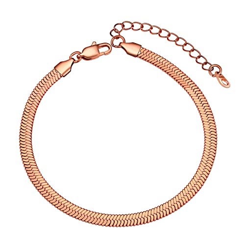 Adjustbale Link Chain Anklet for Women Summer Jewelry, 316L Stainless Steel Figaro/Wheat/Twist Rope/Cuban Foot Bracelet-Waterproof, Resizable 9"-12" (Gift Box Included) - color: 6, Herringbone - Rose Gold-5mm