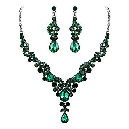 EVER FAITH Rhinestone Crystal Bridal Floral Wave Teardrop Necklace Earrings Set - color: 2pcs_Green Black-Tone