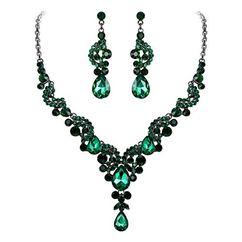 EVER FAITH Rhinestone Crystal Bridal Floral Wave Teardrop Necklace Earrings Set - color: 2pcs_Green Black-Tone