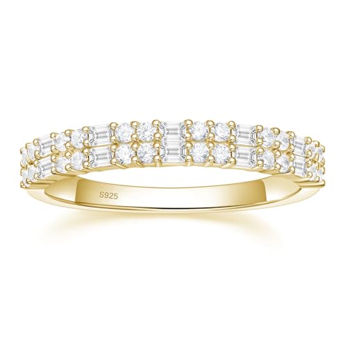 EAMTI Wedding Bands for Women Baguette Round Cubic Zirconia Stackable Promise Rings for Her Travel Ring Size 4-10 - color: Sterling Silver-GOLD