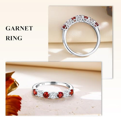Birthstone Wedding Band Eternity Rings 925 Sterling Silver Rings Stackable Anniversary Engagement Rings Cubic Zirconia Inlaid Created Garnet/Amethyst/Sapphire Ring 7 Stone Ring, Size 6 to 10 - color: Garnet & 5A CZ