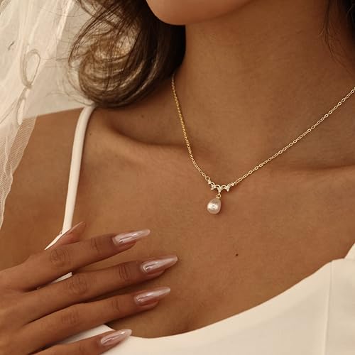 Pearl Necklaces for Women Trendy,14k Gold Plated Pearl Pendant Necklace Dainty Wedding Necklace Small Cute Gold Choker Necklace for Women Non Tarnish Gold Prom Jewelry Fashion Bridesmaids Gifts - color: Horizontally CZ