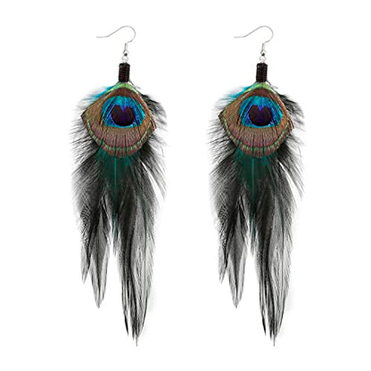 Long Bohemian Pheasant Feathers Statement Earrings Handmade Natural Lightweight Feather Dangle Earrings for Women (ea000067) - color: Blue