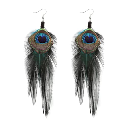 Long Bohemian Pheasant Feathers Statement Earrings Handmade Natural Lightweight Feather Dangle Earrings for Women (ea000067) - color: Blue