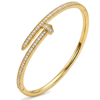 AuraLyric Gold Bracelets for Women, 14K Gold Plated Nail/Love/Emerald Green/Teardrop/Round White CZ Bangle Bracelets, Stackable Gold Bangles Non Tarnish, Gifts for Wife Mom Daughter 6.5 Inch - color: White CZ - Pave Set