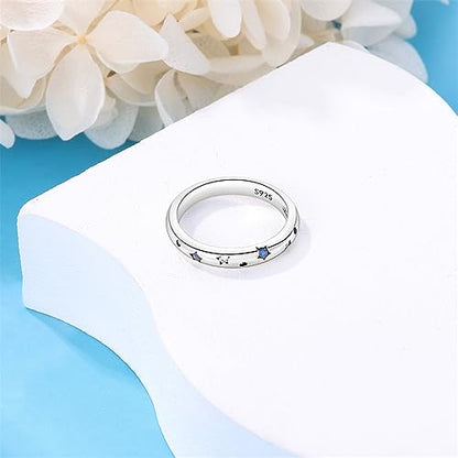 KUNSIR 925 Silver Cubic Zirconia Ring Size 7-9 Wedding Band Sterling Silver Eternity Ring Modern Style - style: Blue and Silver Stars Ring