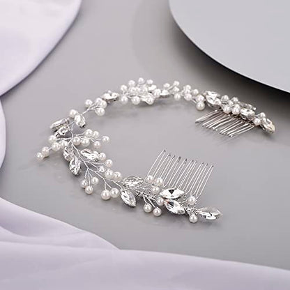 Hair Vine for Women Bridal Hair Comb for Bride Pearls Crystal Hair Comb Slide SILVER