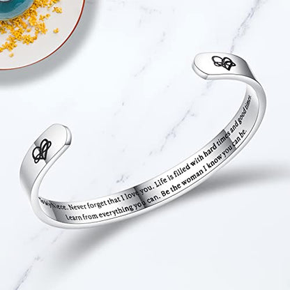 TONY & SANDY Inspirational Bracelets for Women Teen Girls Personalized Gifts for Daughter Granddaughter Mom Sister Friends Stainless Steel Engraved Cuff Birthday Easter Christmas - style: A - Niece Gifts - Never forget that I love you...Be the woman I kno