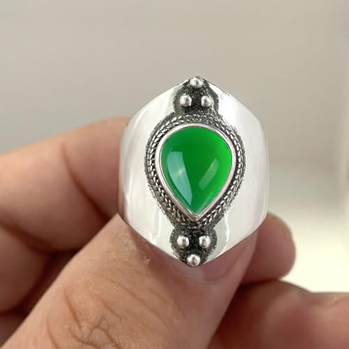 Natural Waterdrop Stone Wide Band Ring,Sterling Silver Genuine Teardrop Crystal Quartz Gemstone Statement Wide Chunky Full Finger Band Ring for Women - color: A04_Green Agate